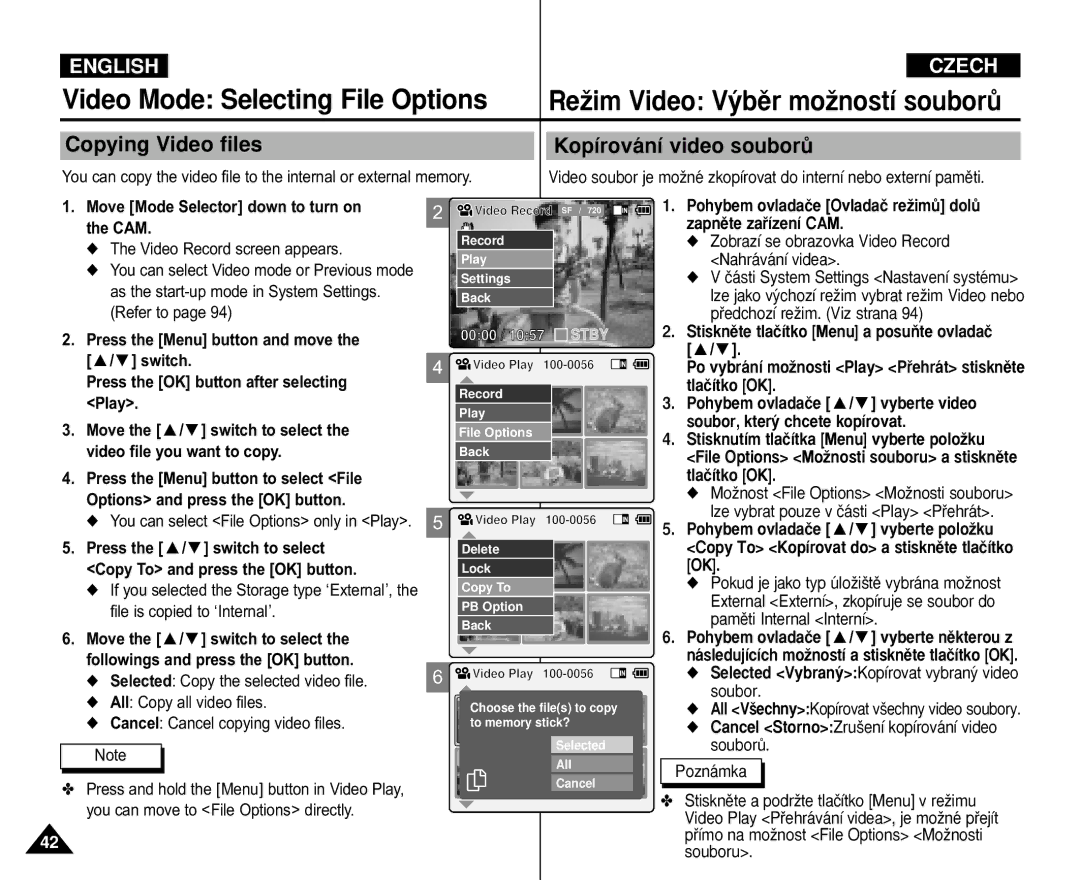 Samsung VP-M105S/SEO, VP-M110S/XET, VP-M110S/XEF, VP-M110B/XEF, VP-X110L/XEF Copying Video files, Kopírování video souborÛ 