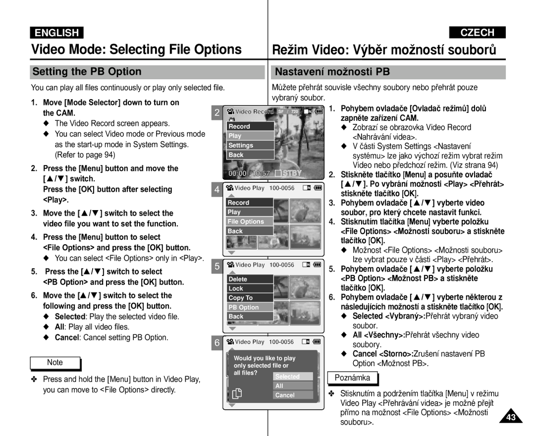 Samsung VP-M105B/SEO, VP-M110S/XET, VP-M110S/XEF, VP-M110B/XEF, VP-X110L/XEF manual Setting the PB Option Nastavení moÏnosti PB 