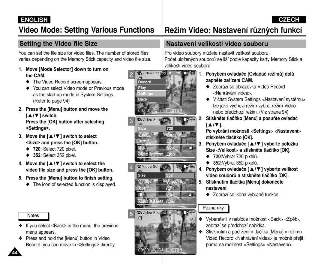 Samsung VP-M105R/SEO manual Video Record screen appears, Refer to, Settings, Size and press the OK button, Select 720 pixel 