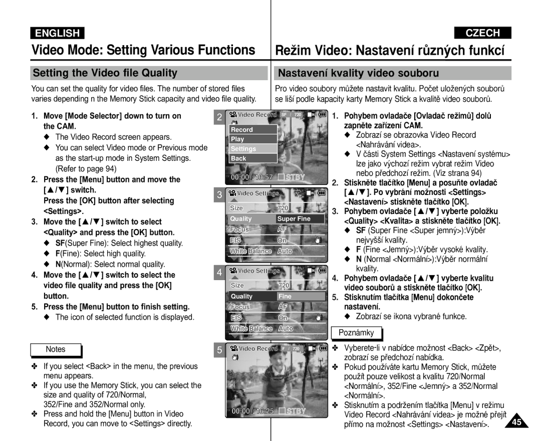 Samsung VP-M105R/XEV, VP-M110S/XET, VP-M110S/XEF manual Nastavení stisknûte tlaãítko OK, Stisknutím tlaãítka Menu dokonãete 