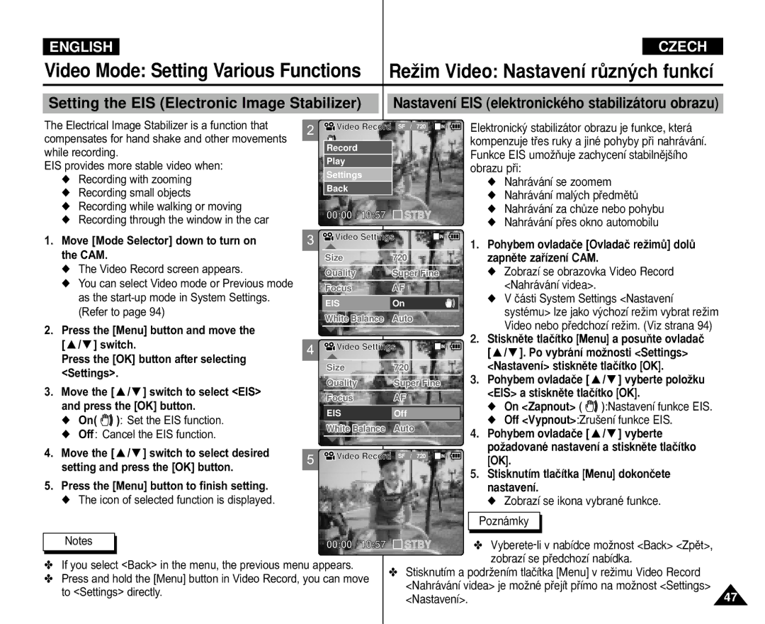 Samsung VP-X110L/XEV manual Setting the EIS Electronic Image Stabilizer, Nastavení EIS elektronického stabilizátoru obrazu 