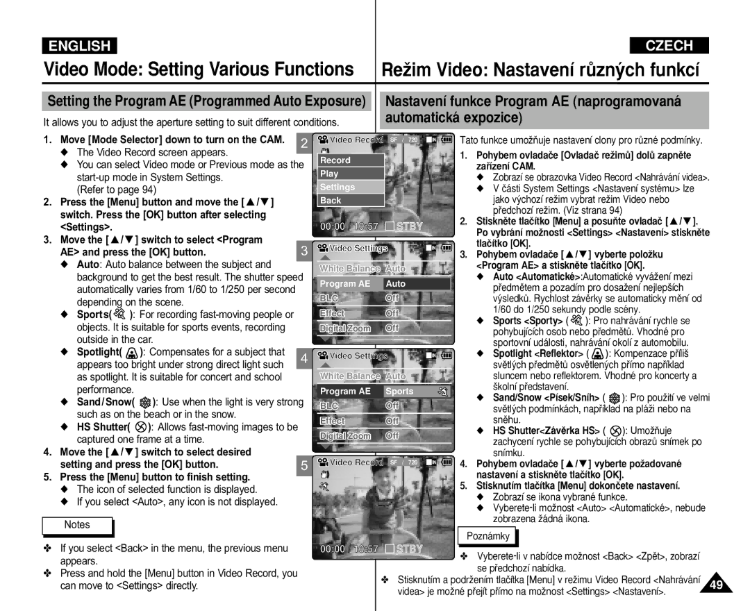 Samsung VP-M105B/XEV Zaﬁízení CAM, Jako v˘chozí reÏim vybrat reÏim Video nebo, Pﬁedchozí reÏim. Viz strana, Tlaãítko OK 