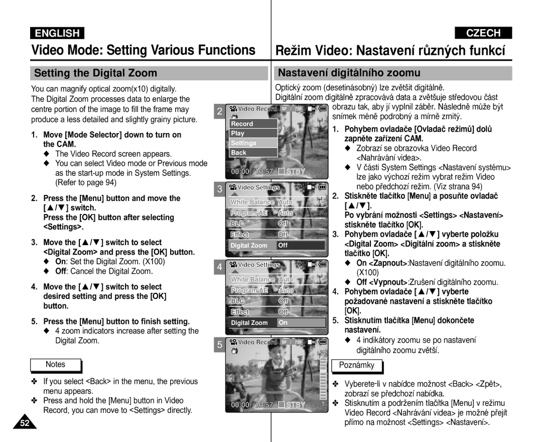 Samsung VP-M110B/EUR manual Video Mode Setting Various Functions, Setting the Digital Zoom Nastavení digitálního zoomu 