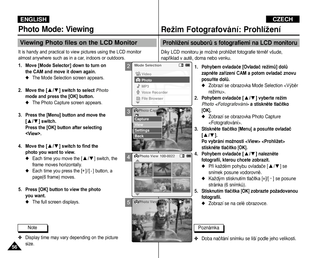 Samsung VP-M110B/XEF manual Photo Mode Viewing ReÏim Fotografování ProhlíÏení, Viewing Photo files on the LCD Monitor 