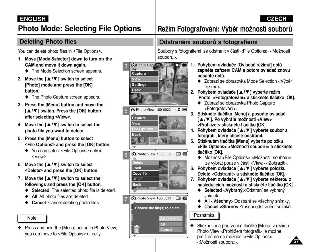 Samsung VP-X110L/XEF, VP-M110S/XET, VP-M110S/XEF manual Deleting Photo files, You can delete photo files in File Options 