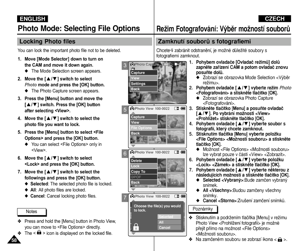 Samsung VP-M110R/XEF, VP-M110S/XET, VP-M110S/XEF, VP-M110B/XEF manual Locking Photo files Zamknutí souborÛ s fotografiemi 