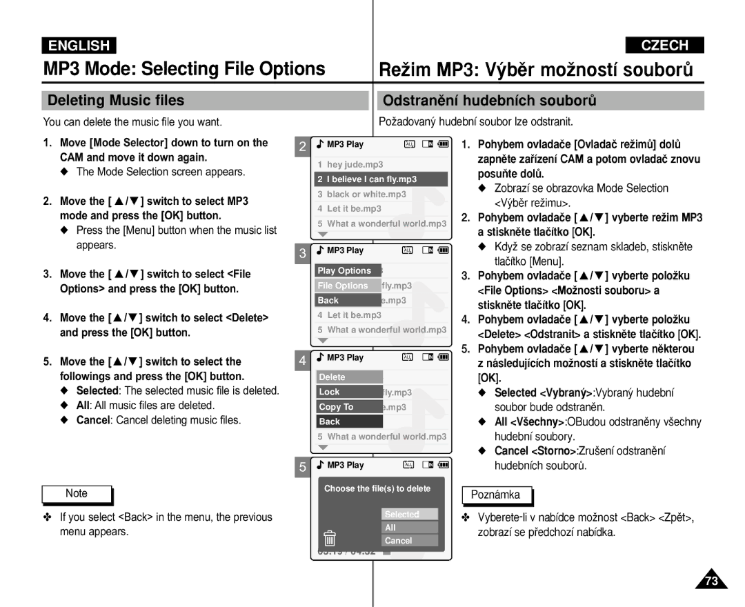 Samsung VP-M110R/KNT Deleting Music files, Odstranûní hudebních souborÛ, Cancel StornoZru‰ení odstranûní hudebních souborÛ 