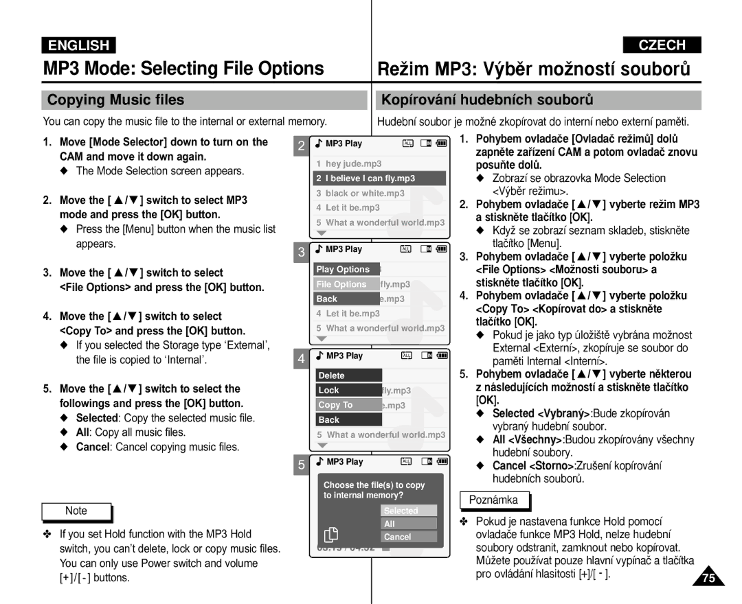 Samsung VP-X110L/AFR Copying Music files Kopírování hudebních souborÛ, Cancel StornoZru‰ení kopírování hudebních souborÛ 