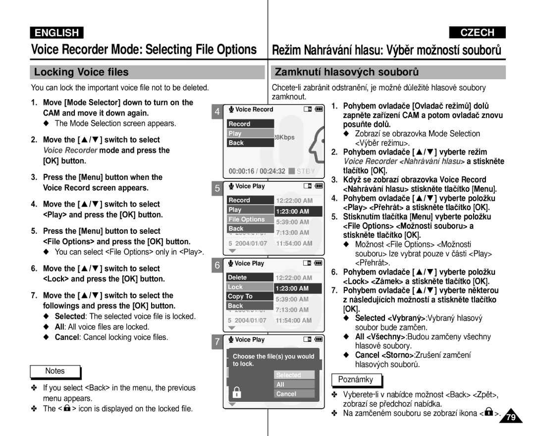 Samsung VP-M110R/XSG manual Voice Recorder Mode Selecting File Options, Locking Voice files Zamknutí hlasov˘ch souborÛ 