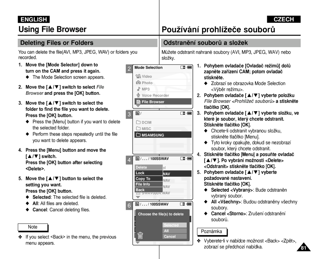 Samsung VP-M110S/KNT, VP-M110S/XET, VP-M110S/XEF, VP-M110B/XEF, VP-X110L/XEF Using File Browser PouÏívání prohlíÏeãe souborÛ 