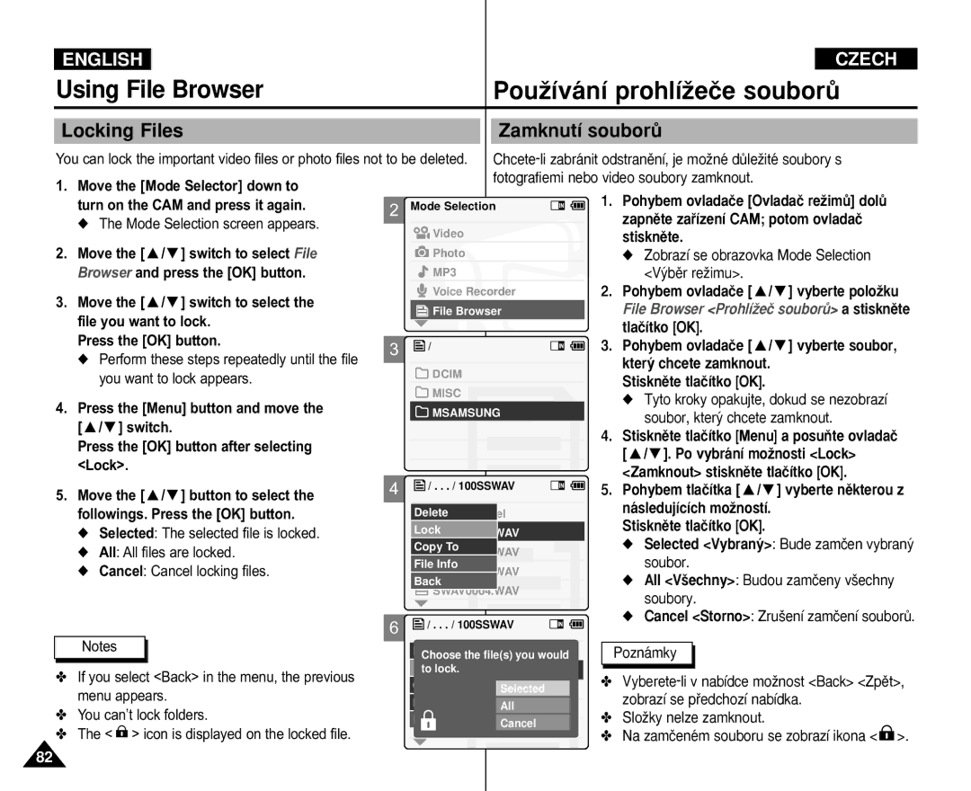 Samsung VP-X110L/HAC, VP-M110S/XET, VP-M110S/XEF, VP-M110B/XEF, VP-X110L/XEF, VP-M110R/XEF manual Locking Files Zamknutí souborÛ 