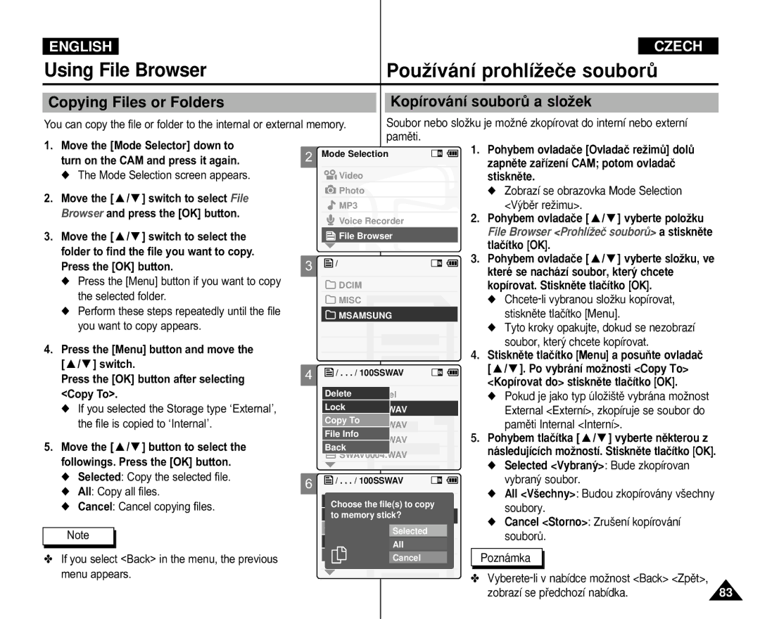 Samsung VP-X110L/KNT, VP-M110S/XET, VP-M110S/XEF, VP-M110B/XEF manual Copying Files or Folders Kopírování souborÛ a sloÏek 