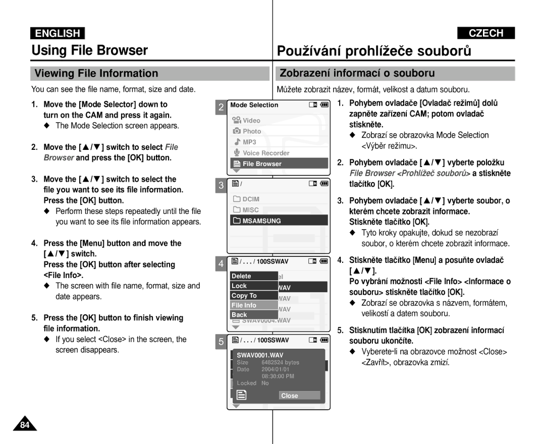 Samsung VP-X110L/XSG, VP-M110S/XET, VP-M110S/XEF, VP-M110B/XEF manual Viewing File Information, Zobrazení informací o souboru 