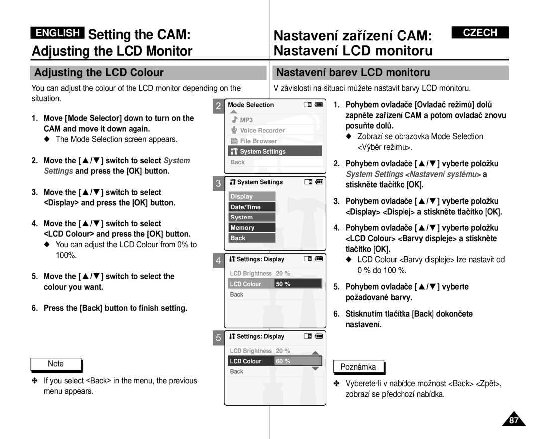 Samsung VP-M110S/AFR manual Adjusting the LCD Colour Nastavení barev LCD monitoru, Settings and press the OK button, 100% 