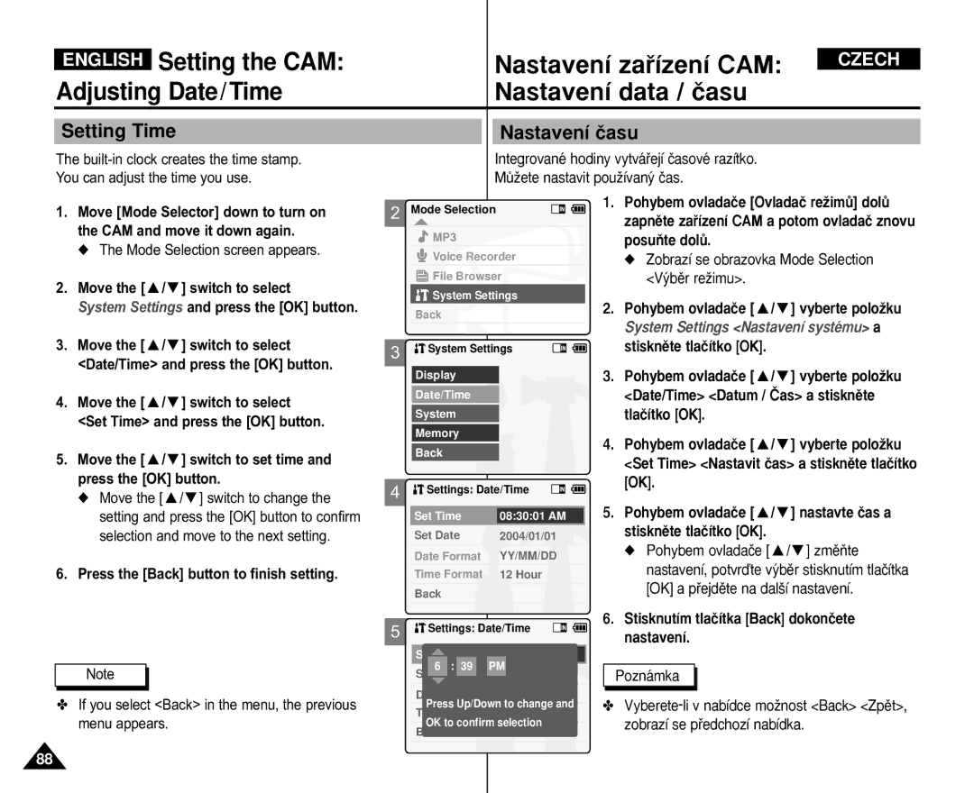 Samsung VP-M110R/FPT, VP-M110S/XET Setting Time, Nastavení ãasu, Move the / switch to set time and press the OK button 