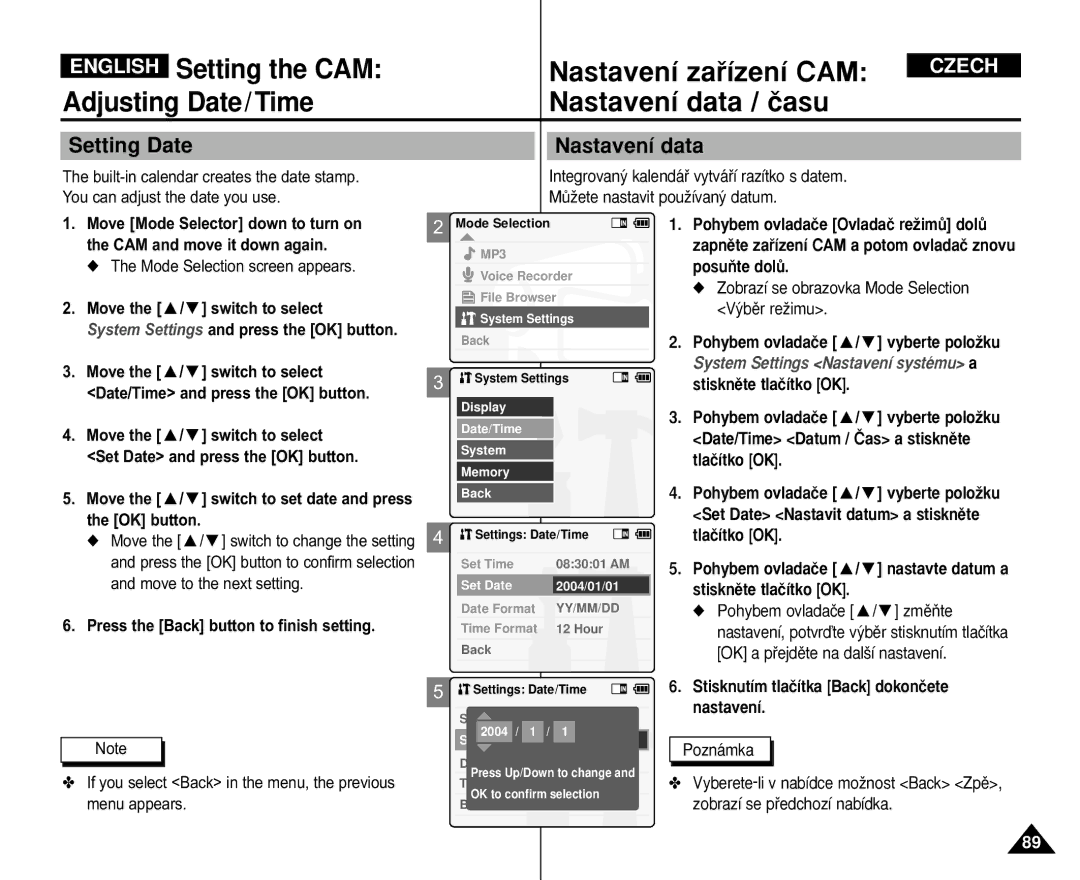 Samsung VP-M110S/FPT, VP-M110S/XET Setting Date, Nastavení data, Move the / switch to set date and press the OK button 