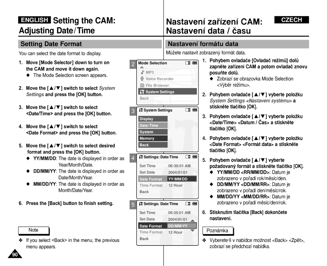 Samsung VP-M105S/EUR, VP-M110S/XET Setting Date Format, Nastavení formátu data, You can select the date format to display 