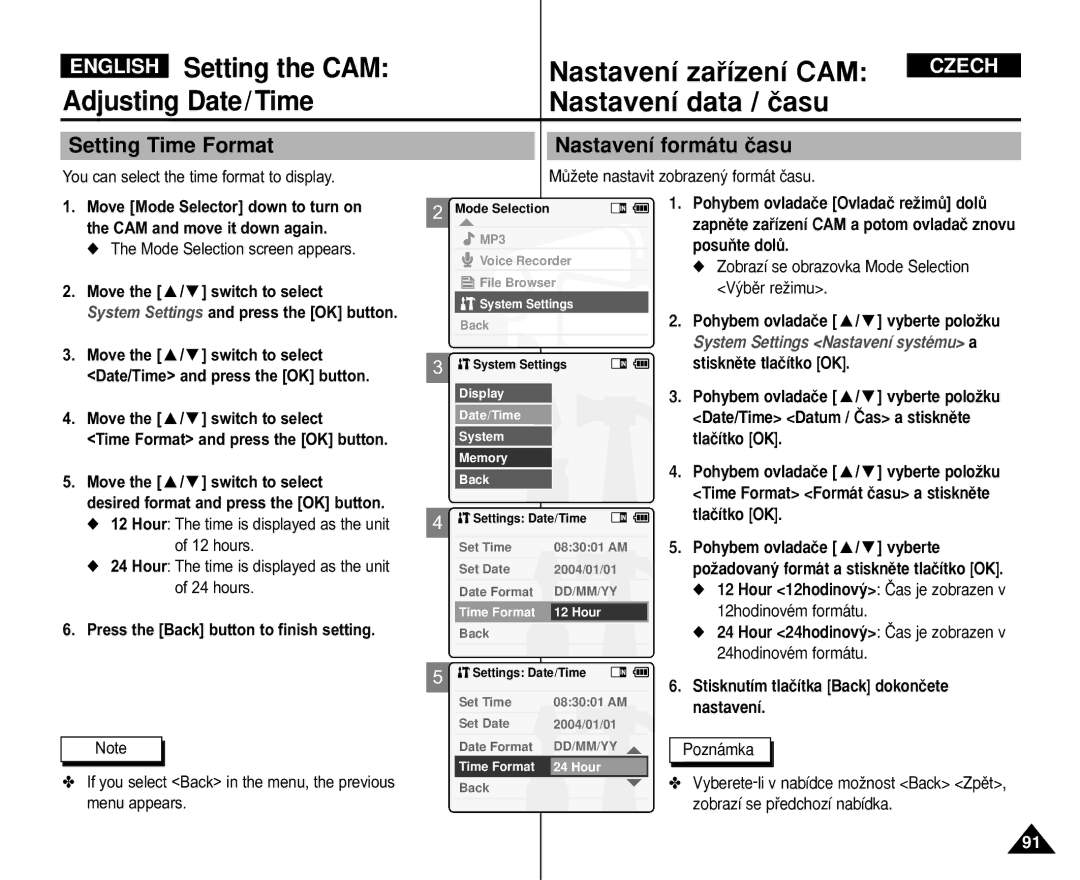 Samsung VP-M110S/EUR, VP-M110S/XET Setting Time Format, Nastavení formátu ãasu, You can select the time format to display 