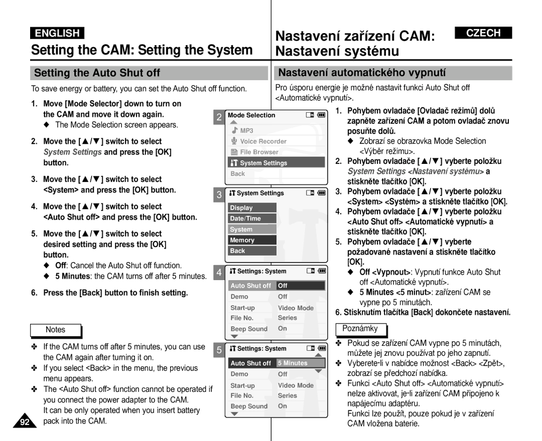 Samsung VP-X110L/EUR manual Setting the CAM Setting the System, Setting the Auto Shut off Nastavení automatického vypnutí 