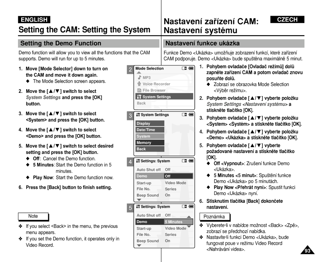 Samsung VP-X110L/XEH manual Setting the Demo Function Nastavení funkce ukázka, Off Vypnout Zru‰ení funkce Demo Ukázka 