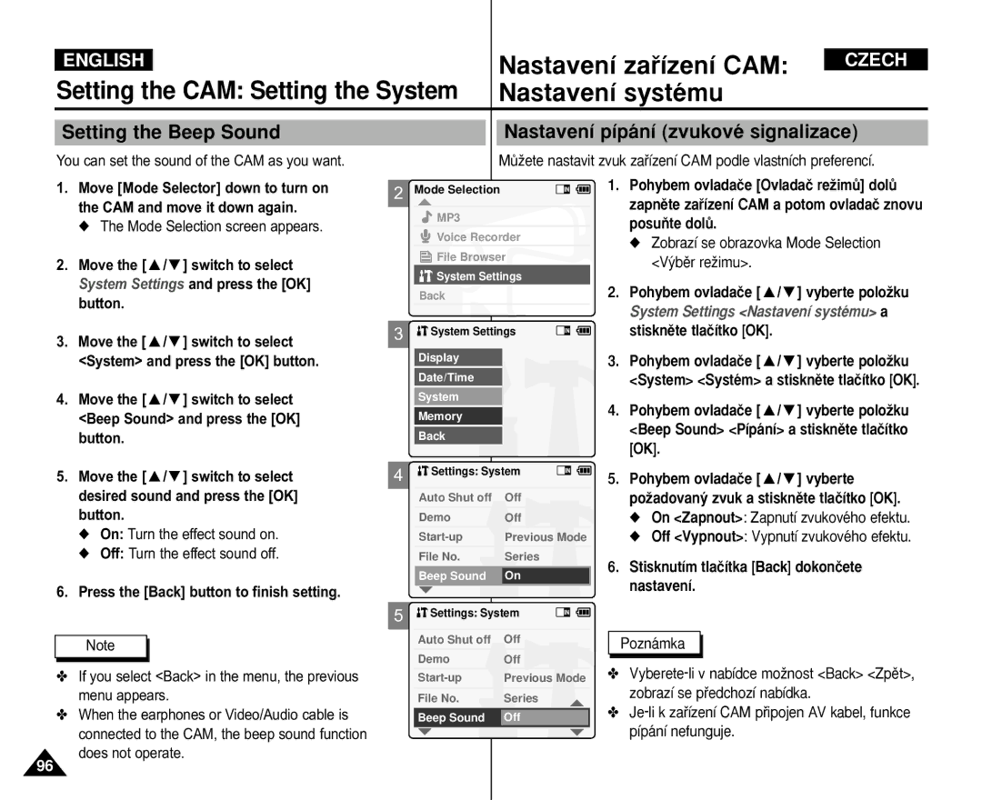 Samsung VP-M110S/XEE manual Setting the Beep Sound, Nastavení pípání zvukové signalizace, On Turn the effect sound on 