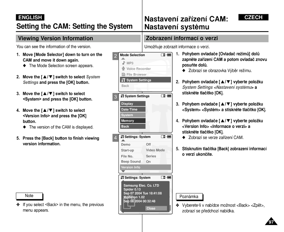 Samsung VP-M105S/SEO, VP-M110S/XET, VP-M110S/XEF, VP-M110B/XEF manual Viewing Version Information, Zobrazení informací o verzi 