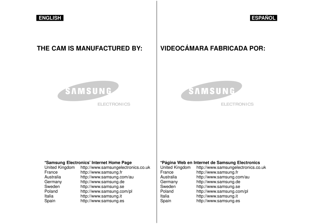 Samsung VP-M110S/XEF, VP-M110S/XET, VP-M110B/XEF, VP-X110L/XEF, VP-M110R/XEF, VP-X110L/XET manual CAM is Manufactured by 