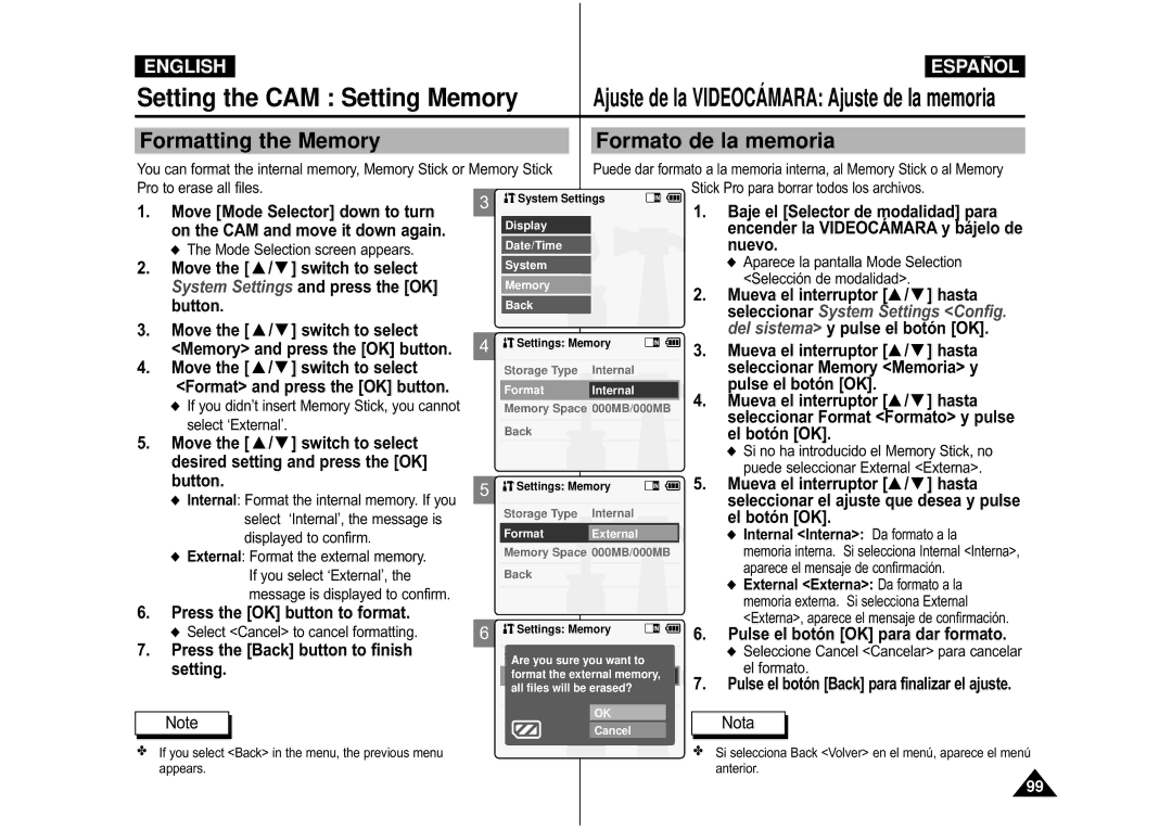 Samsung VP-M105R/SEO, VP-M110S/XET, VP-M110S/XEF Formatting the Memory Formato de la memoria, Press the OK button to format 