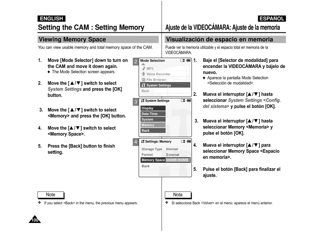 Samsung VP-M105R/XEV Viewing Memory Space Visualizació n de espacio en memoria, Memory Space Pulse el botón OK, En memoria 