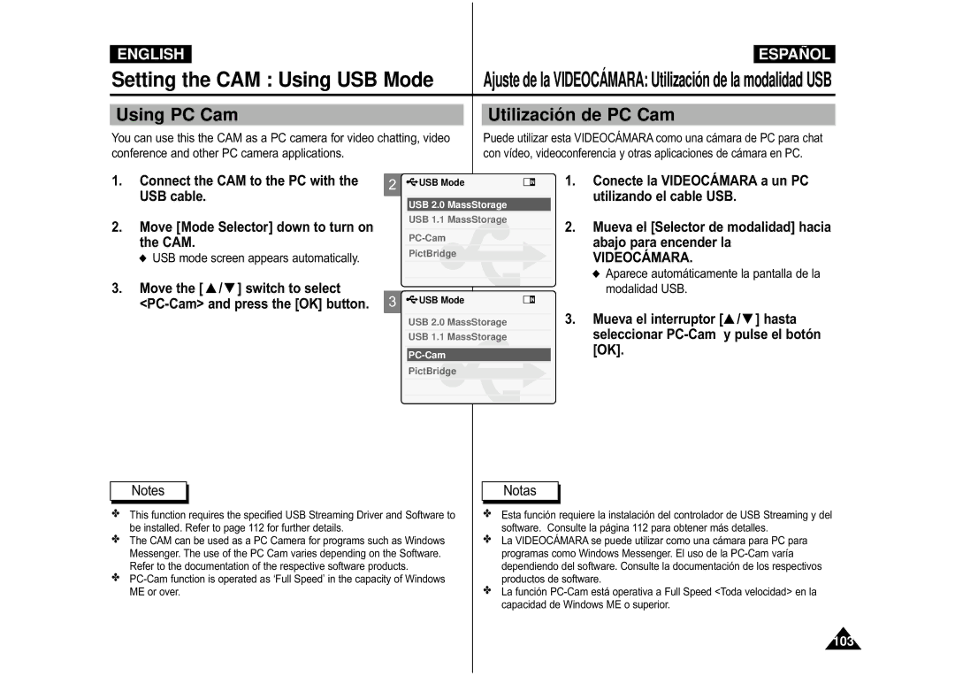 Samsung VP-M110B/XEV, VP-M110S/XET, VP-M110S/XEF, VP-M110B/XEF, VP-X110L/XEF, VP-M110R/XEF Using PC Cam Utilizació n de PC Cam 