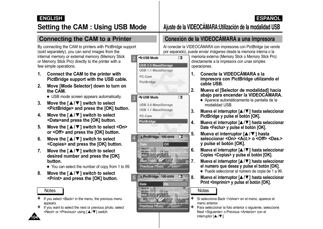 Samsung VP-M105B/XEV, VP-M110S/XET manual Connecting the CAM to a Printer, Conexió n de la Videocá Mara a una impresora 