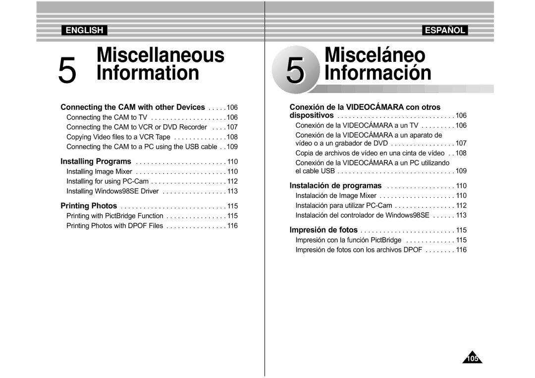 Samsung VP-M110R/XEV, VP-M110S/XET, VP-M110S/XEF, VP-M110B/XEF, VP-X110L/XEF, VP-M110R/XEF manual Miscellaneous Information 