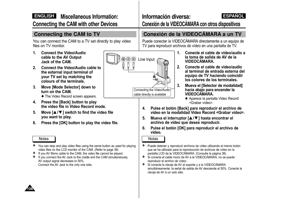 Samsung VP-M110R/EUR Información diversa, Connecting the CAM to TV Conexión de la Videocámara a un TV, Turn on the CAM 