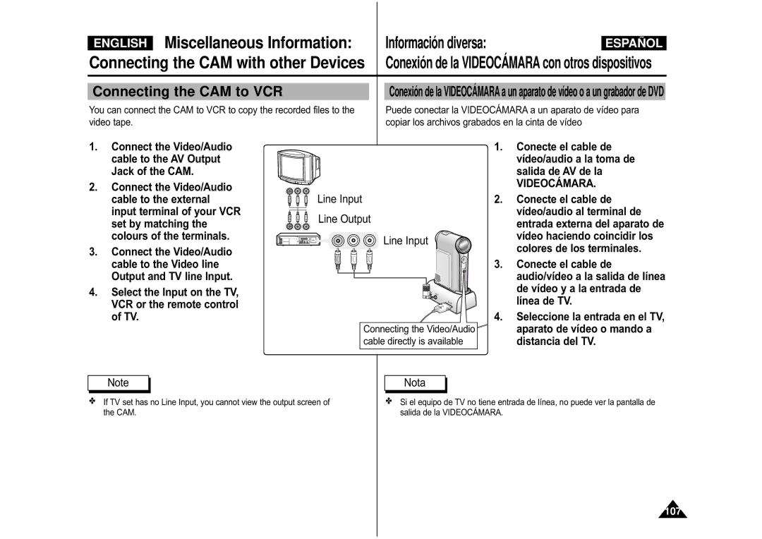 Samsung VP-M110B/EUR, VP-M110S/XET Connecting the CAM to VCR, Puede conectar la Videocámara a un aparato de vídeo para 