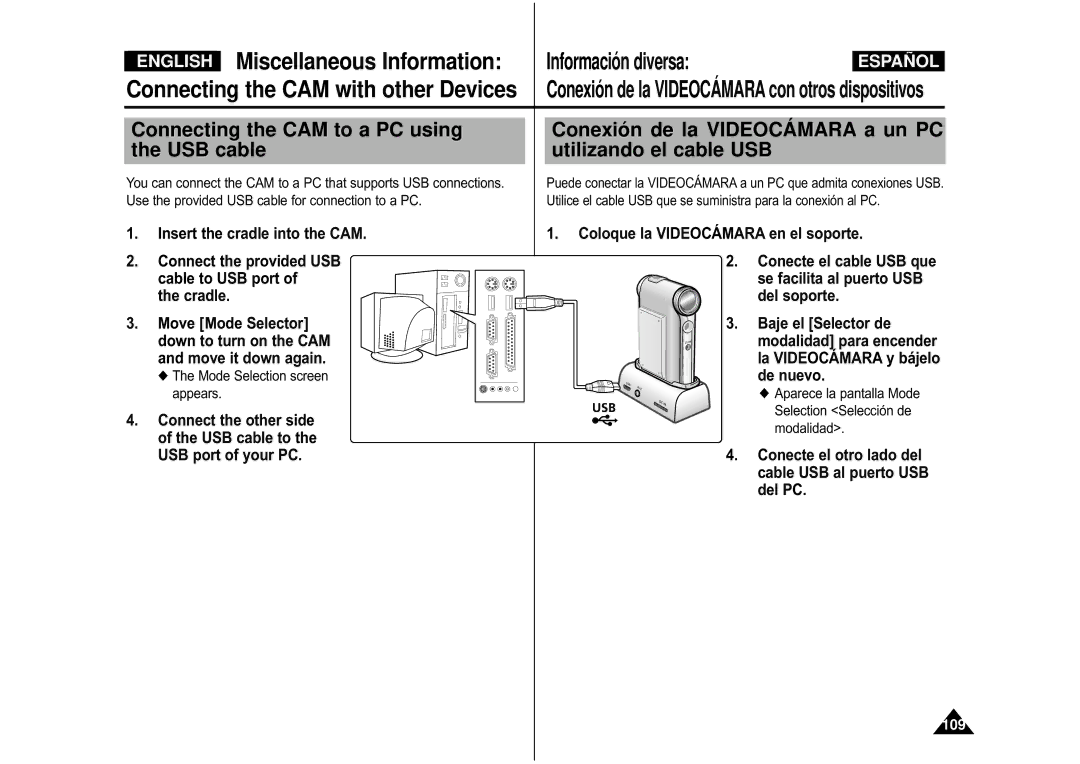 Samsung VP-M110S/XET, VP-M110S/XEF, VP-M110B/XEF, VP-X110L/XEF, VP-M110R/XEF Connecting the CAM to a PC using the USB cable 