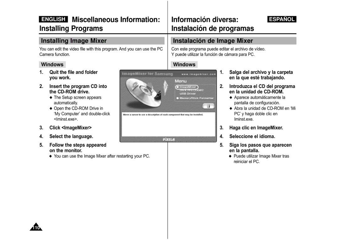 Samsung VP-M110S/XEF, VP-M110S/XET, VP-M110B/XEF, VP-X110L/XEF Installing Image Mixer Instalación de Image Mixer, Windows 