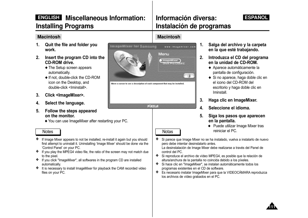 Samsung VP-M110B/XEF manual Macintosh, You can use ImageMixer after restarting your PC, Puede utilizar Image Mixer tras 