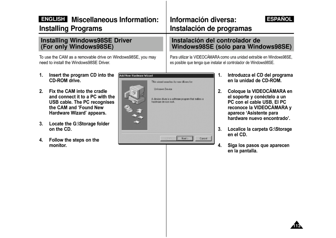 Samsung VP-M110R/XEF manual Miscellaneous Information Información diversa, Installing Programs Instalación de programas 