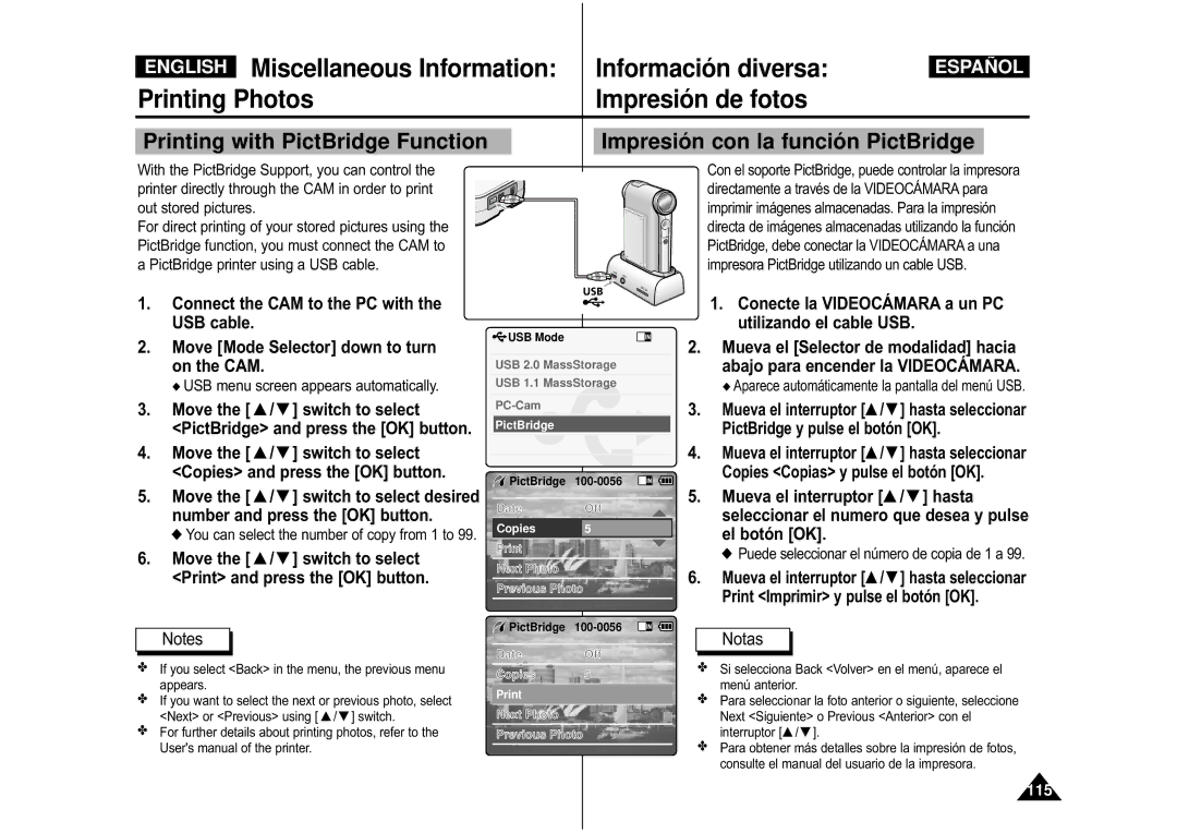 Samsung VP-M110SMEM manual Miscellaneous Information, Printing Photos Impresión de fotos, Printing with PictBridge Function 