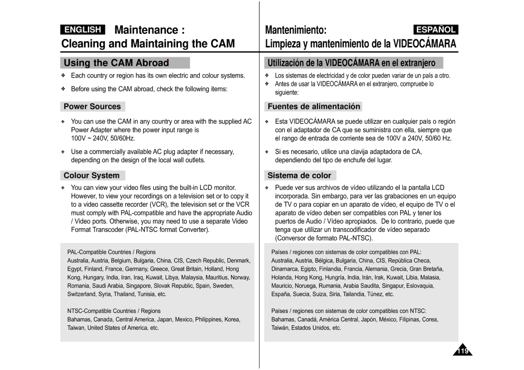 Samsung VP-X110L/XEC manual Using the CAM Abroad, Power Sources, Fuentes de alimentació n, Colour System, Sistema de color 