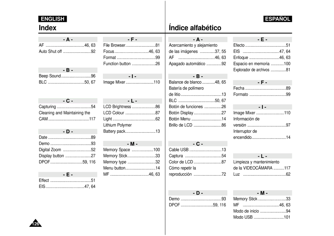 Samsung VP-M110S/TAW, VP-M110S/XET, VP-M110S/XEF, VP-M110B/XEF, VP-X110L/XEF, VP-M110R/XEF manual Index Índice alfabé tico, 117 