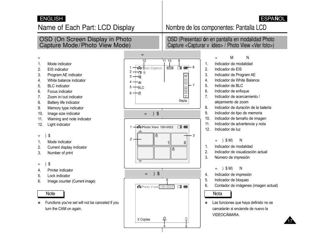 Samsung VP-M110S/UMG, VP-M110S/XET, VP-M110S/XEF manual OSD On Screen Display in Photo, Photo Capture Mode, Photo View Mode 