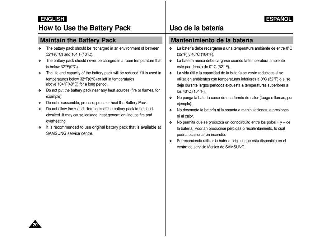 Samsung VP-X110L/AFR, VP-M110S/XET, VP-M110S/XEF, VP-M110B/XEF manual Maintain the Battery Pack, Mantenimiento de la batería 