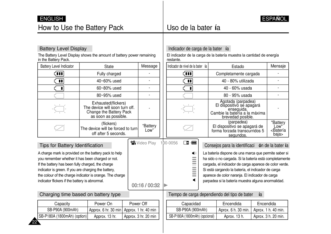 Samsung VP-M110S/XSG manual Battery Level Display, Tips for Battery Identification, Charging time based on battery type 