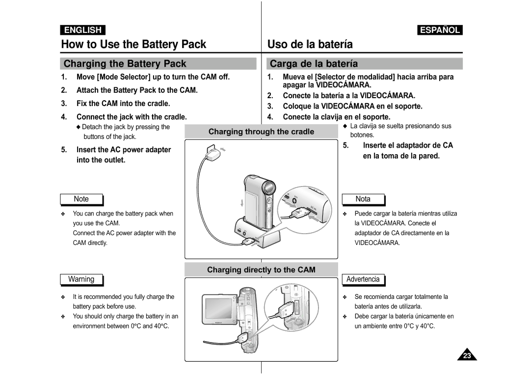 Samsung VP-M110S/FES manual Charging the Battery Pack Carga de la batería, Insert the AC power adapter into the outlet 