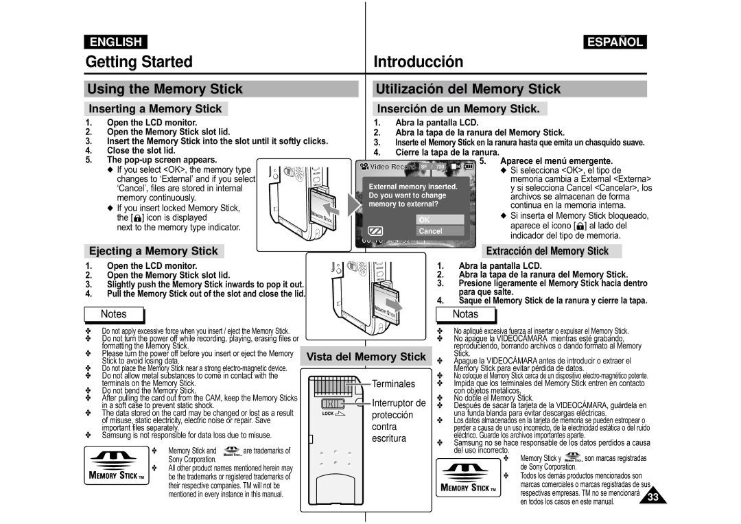 Samsung VP-M110R/FPT, VP-M110S/XET manual Using the Memory Stick Utilizació n del Memory Stick, Inserting a Memory Stick 