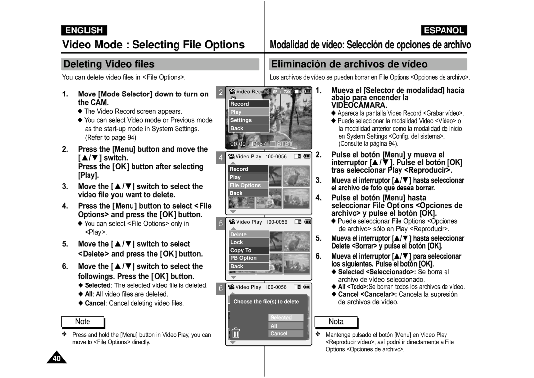 Samsung VP-M105S/XEE manual Video Mode Selecting File Options, Deleting Video files Eliminació n de archivos de vídeo 