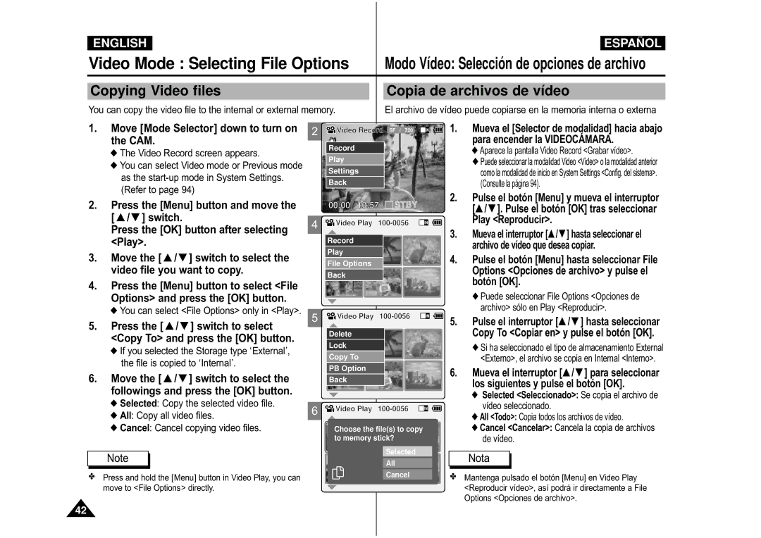 Samsung VP-M105S/SEO manual Copying Video files Copia de archivos de vídeo, Modo Vídeo Selecció n de opciones de archivo 