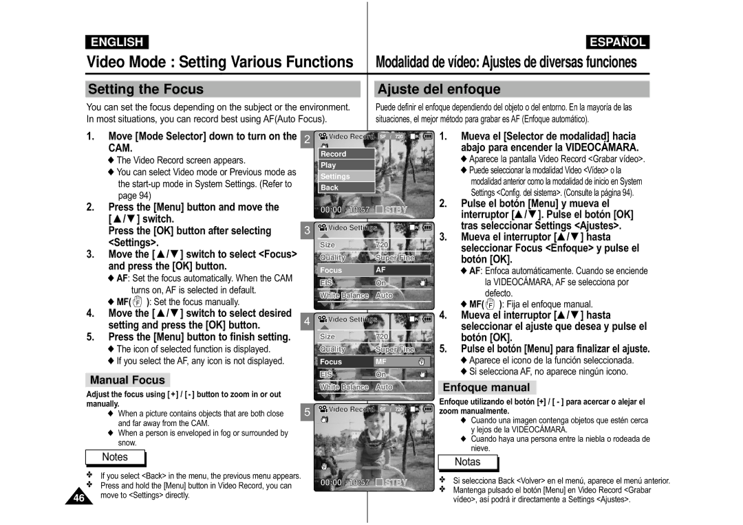 Samsung VP-M110S/XEV Setting the Focus Ajuste del enfoque, Modalidad de vídeo Ajustes de diversas funciones, Manual Focus 