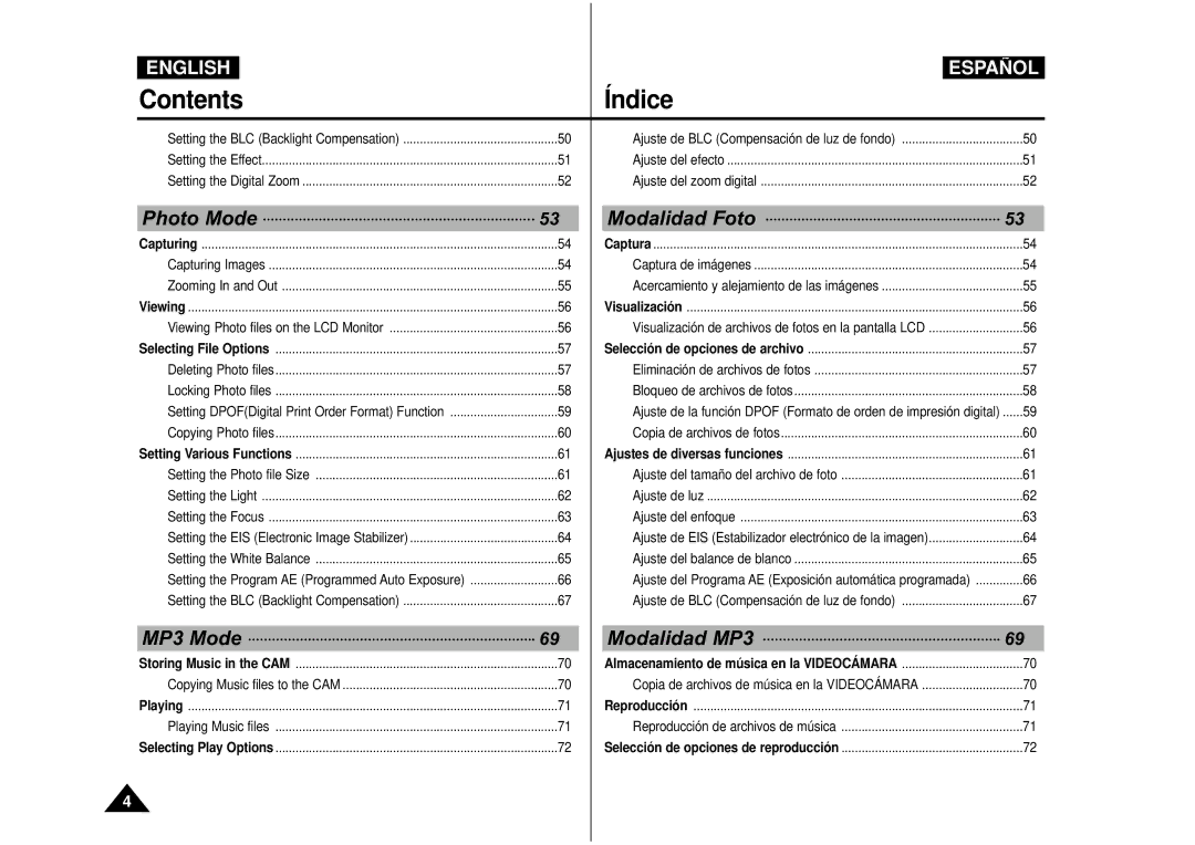 Samsung VP-X110L/XET, VP-M110S/XET, VP-M110S/XEF, VP-M110B/XEF, VP-X110L/XEF, VP-M110R/XEF manual Photo Mode Modalidad Foto 